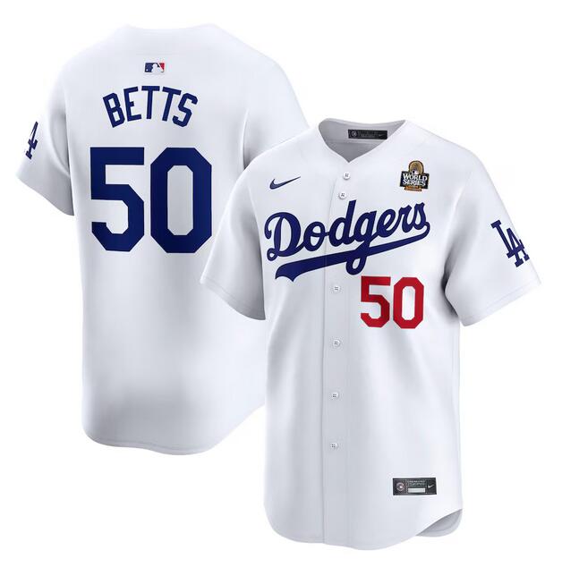 Los Angeles Dodgers #50 Mookie Betts White 2024 World Series Home Limited Stitched Jersey - Click Image to Close